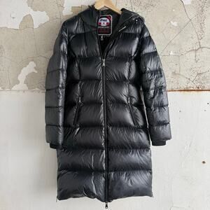 Pajar Canada Puffer Long Down Coat Women M Hooded Shiny Black Maxi Jacket Winter